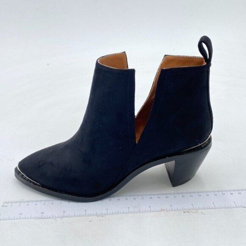 Black Low Heeled Ankle Boots Faux Suede Cowboy Booties Cutout with Metal Toe